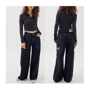 The Ragged Priest New Cargo Jeans Baggy Relaxed sz 28 Urban Black White Stitch